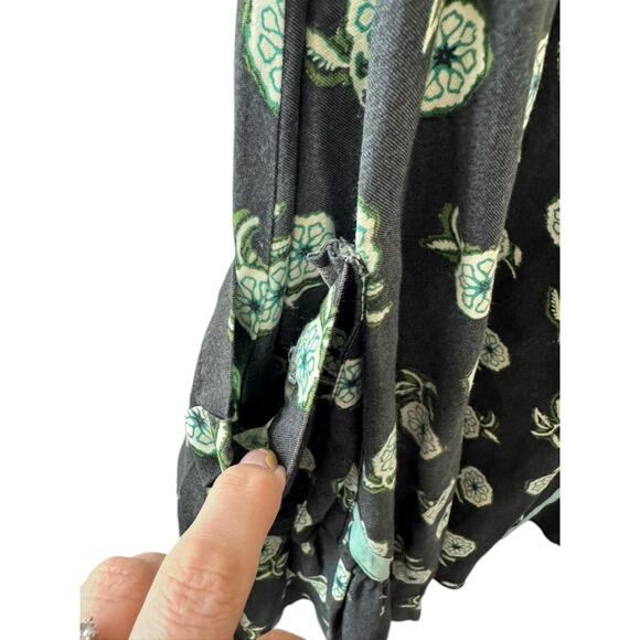 FREE PEOPLE Black & Green Floral Linen Sun Dress Pockets Size 4 - Picture 5 of 8